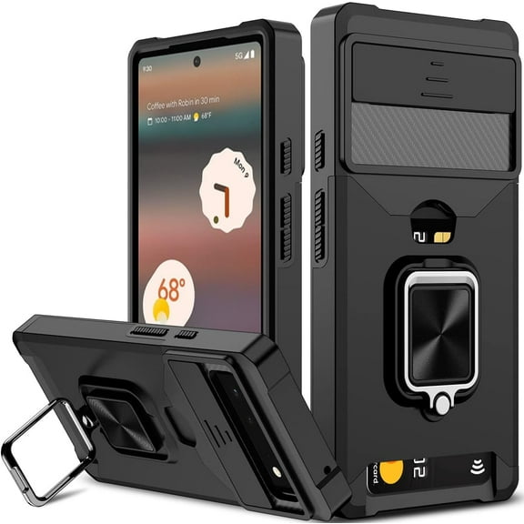for Google Pixel 6a Case with Sliding Camera Cover Heavy Duty Protective Pixel 6a Case with Card Holder Magnetic Kickstand Case for Pixel 6a(Black)