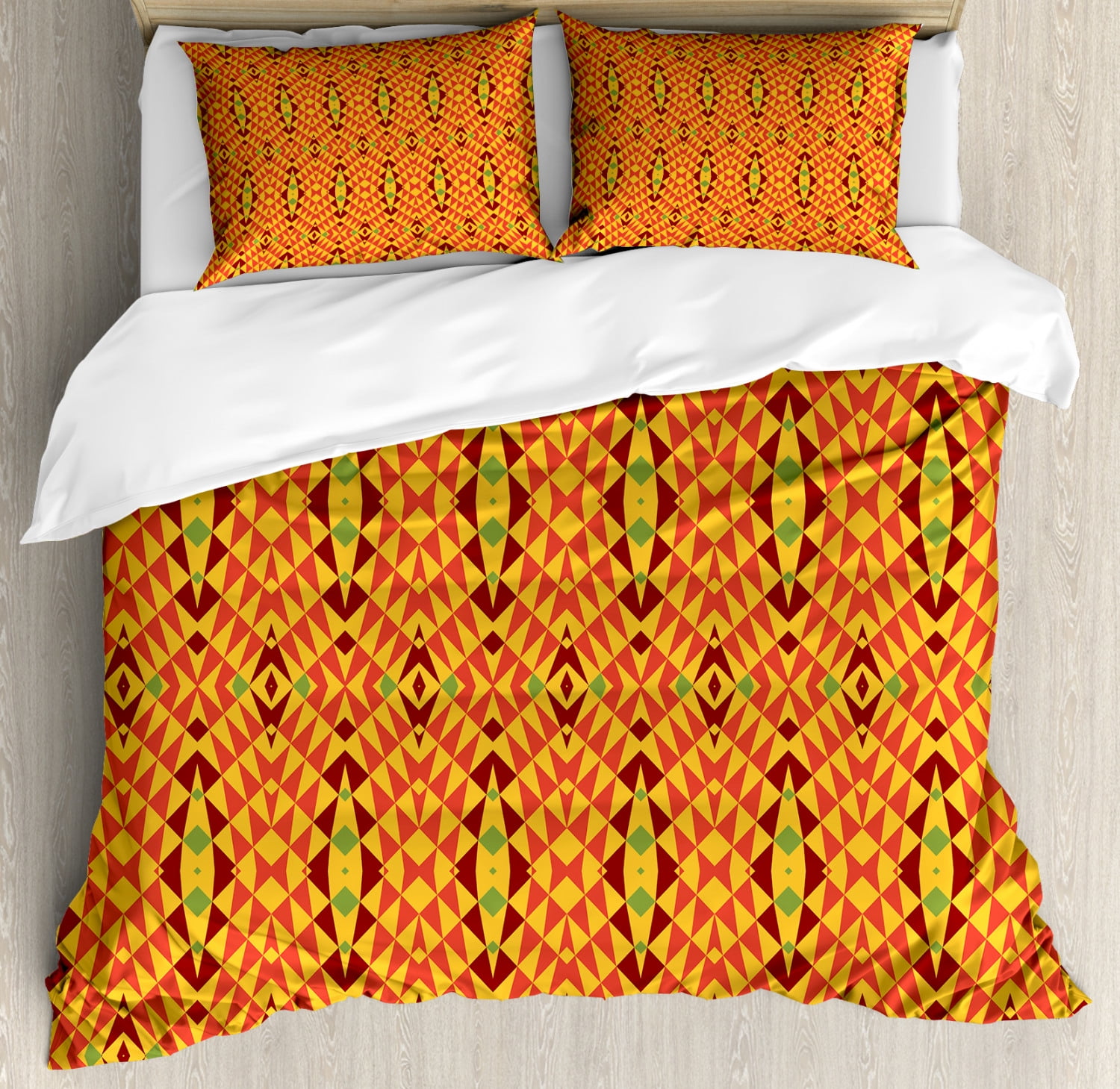 African King Size Duvet Cover Set, Oriental Geometric Symmetrical Composition Motifs of Antique