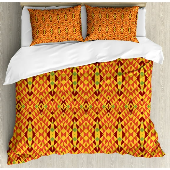 African Queen Size Duvet Cover Set, Oriental Geometric Symmetrical Composition Motifs of Antique Africa Inspirations, Decorative 3 Piece Bedding Set with 2 Pillow Shams, Multicolor, by Ambesonne