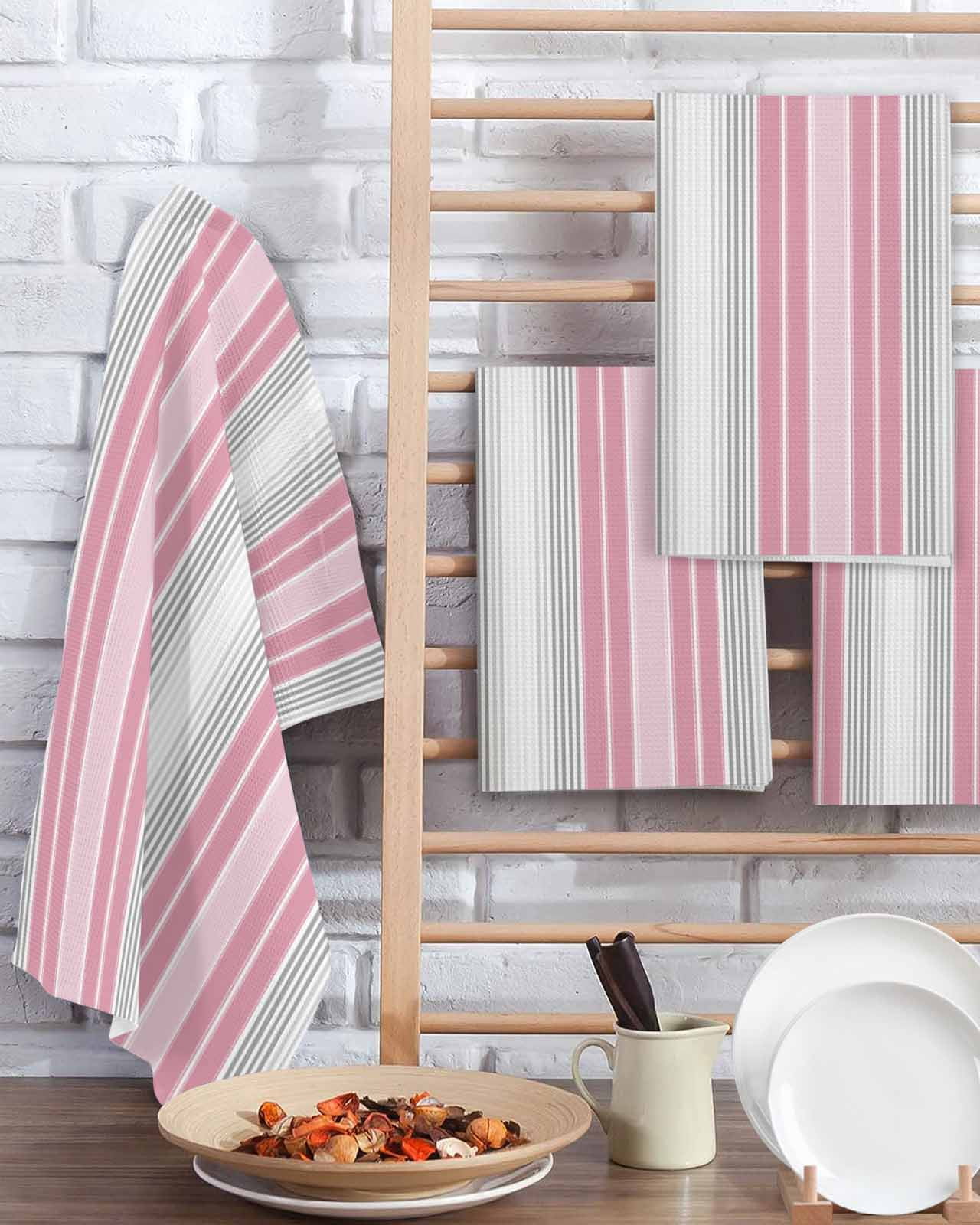 Pink Gray Stripes Kitchen Dish Towels for Drying Dishes Set of 3, Chic Modern Abstract Vertical Lines Waffle Weave Microfiber Terry Hand Tea Bathroom Towels Quick Dry & Absorbent Towel 15.7x23.6
