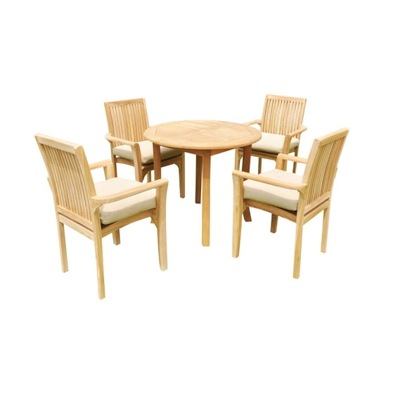 Grade-A Teak Dining Set: 4 Seater 5 Pc: 36" Round Table And 4 Lua Stacking Arm Chairs Outdoor Patio WholesaleTeak #51LU0705