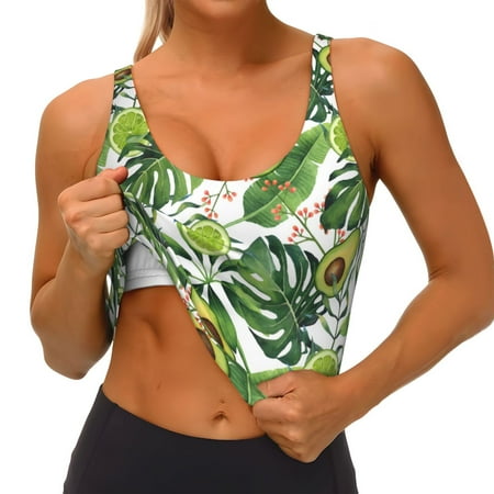 Qokaie Watercolor Green Tropical Pattern Womens Scoop Neck Sports Bra Breathable Workout Vest Padded U Back Medium Impact Fitness Gym Yoga Bra Workout Crop Top