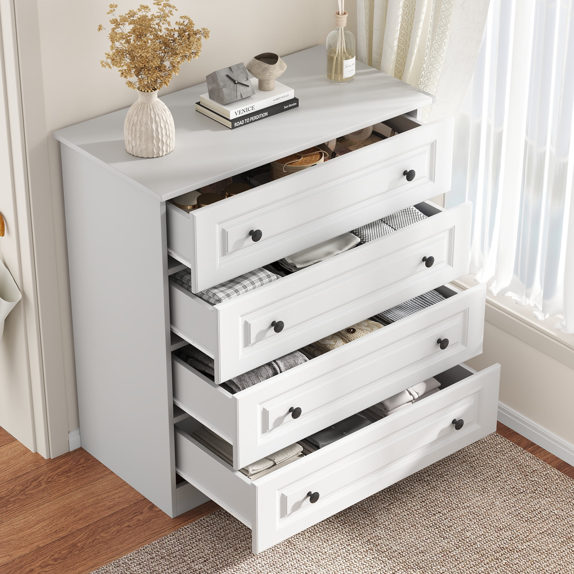 4-Drawer Dresser, 34.6” Tall White Dresser for Bedroom Storage, Hallway Chest with Large Drawers, 29.5” Wide Space Saving Furniture