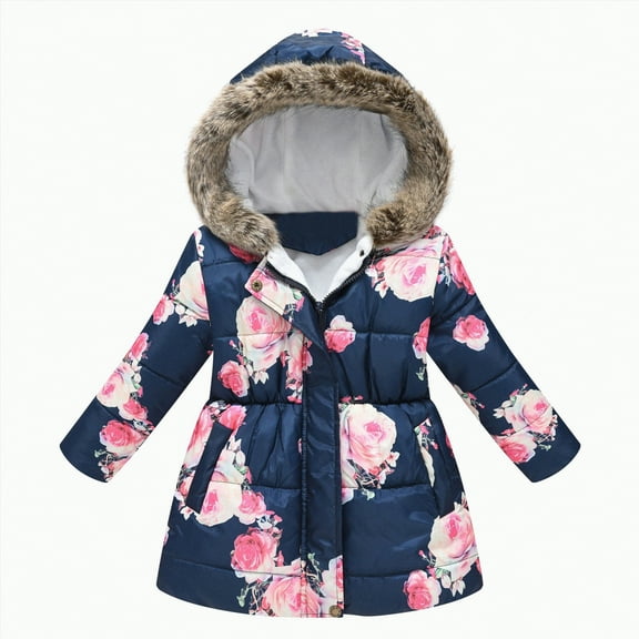 Ccpelsie Girl's Winter Coat Jacket Hooded Kids Toddler Flower Print Parka Outwear Warm Cotton Puffer Hooded Jacket(Navy,6-7 Years)