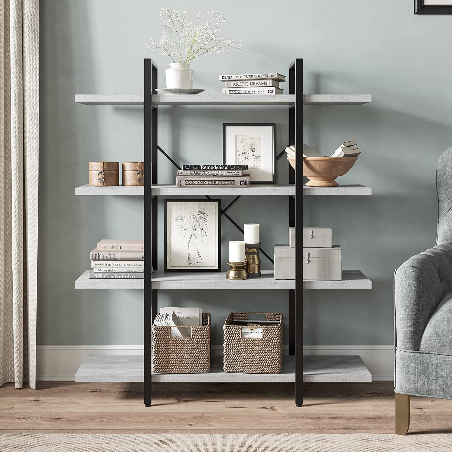 General 4 Tier Modern Rustic Industrial Bookshelf Open Wide Office Etagere  Book Shelf Wood and Metal Bookcases with Storage Display Rack - Hazel (Dark  Walnut) - Walmart.com