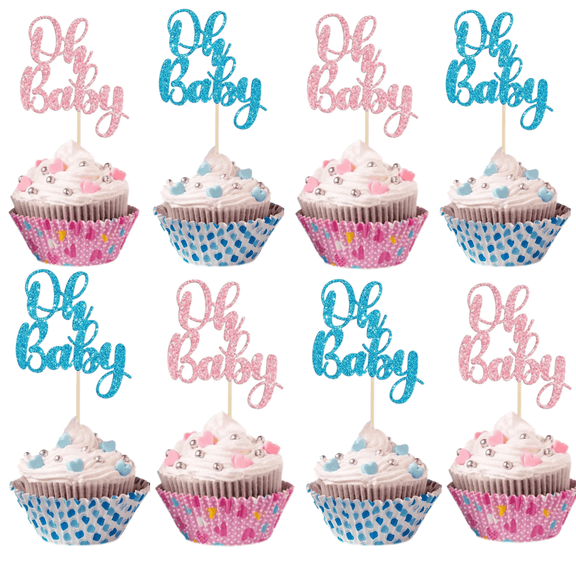 54Pcs Oh Baby Cupcake Toppers Pink Blue Bow Glitter Baby Shower Gender Reveal Cupcake Picks for Boy or Girl Theme Baby Shower Kids Birthday Party Cake Decorations Supplies