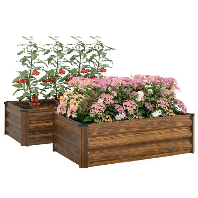 Outsunny Set of 2 Raised Garden Beds, Galvanized Planter Box, Dark Brown