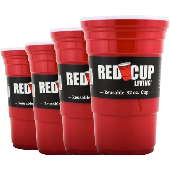 Red Cup Living 32oz Plastic Party Cups, Reusable and BPA-Free, Red, Set of 4