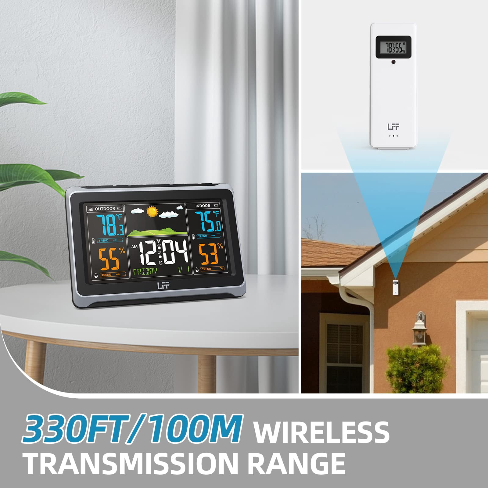 Weather Stations Wireless Indoor Outdoor, LFF Weather Station Indoor Outdoor Thermometer Wireless, Color Display Digital Weather Thermometer with Atomic Clock
