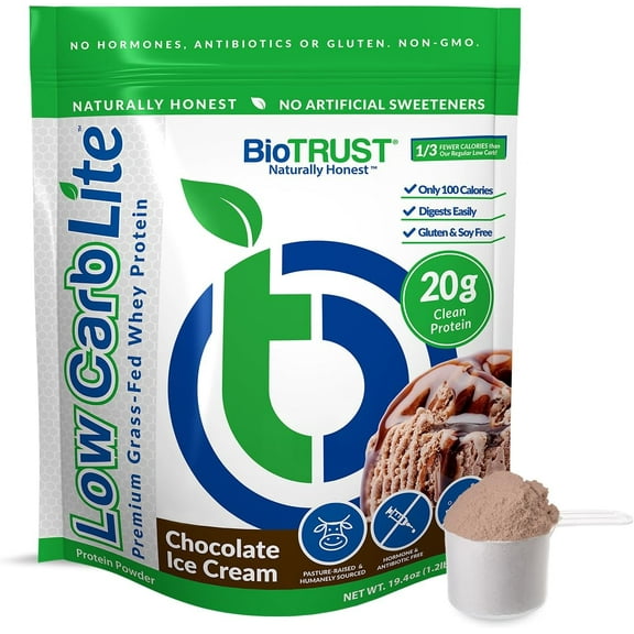 BioTrust Low Carb Lite, 20 Grams of Grass-Fed Whey Protein Isolate, 100 Calories, ProHydrolase Digestive Enzymes, Non-GMO, Free from Soy and Gluten, rBGH-Free (14 Servings) (Chocolate Ice Cream)