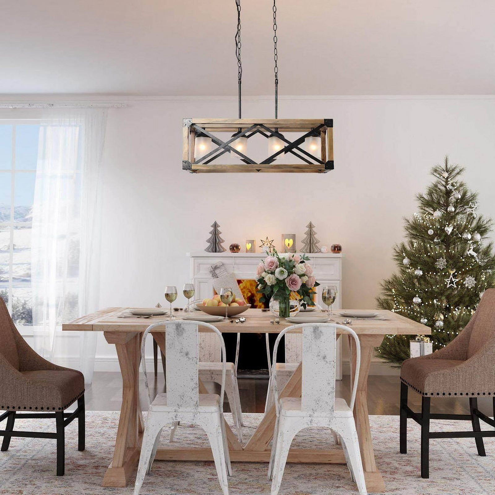 LNC Farmhouse 4-Light Rectangle Chandelier with Wood Frame and Frosted Glasss, 27.5" Wide
