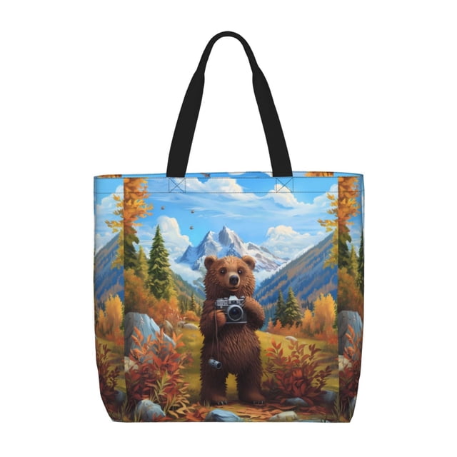 Disketp Snowy Mountain Photography Bear Bolsa Tote de Lona para Mujer, Bolso de Hombro y Cruzado con Cierre de Cremallera