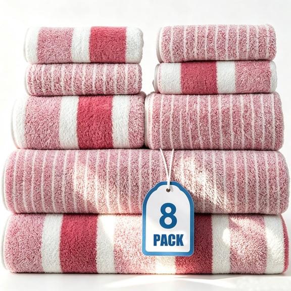 Bath Towel Set of 8 Piece,AILKIN Soft Cozy Washing Bathing Towels Plush,Including 4 Washcloths Face Towels,2 Hand Towels for Bathroom,2 Bath Towels Set,White Pink