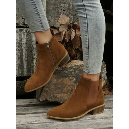 

Faux Suede Zipper Side Point Toe Chunky Heeled Chelsea Boots Women‘s Footwear