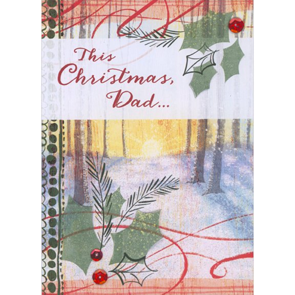 Designer Greetings Die Cut 3D Holly Branches, Red Sequins and Snowy Forest at Sunset Hand Decorated Christmas Card for Dad