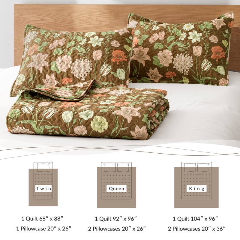 Exclusivo Mezcla Floral Quilts Queen Size, Brown Queen Quilt Bedding Set with Cottagecore Garden Pattern, Reversible Lightweight Bedspreads Coverlets (92"x96")