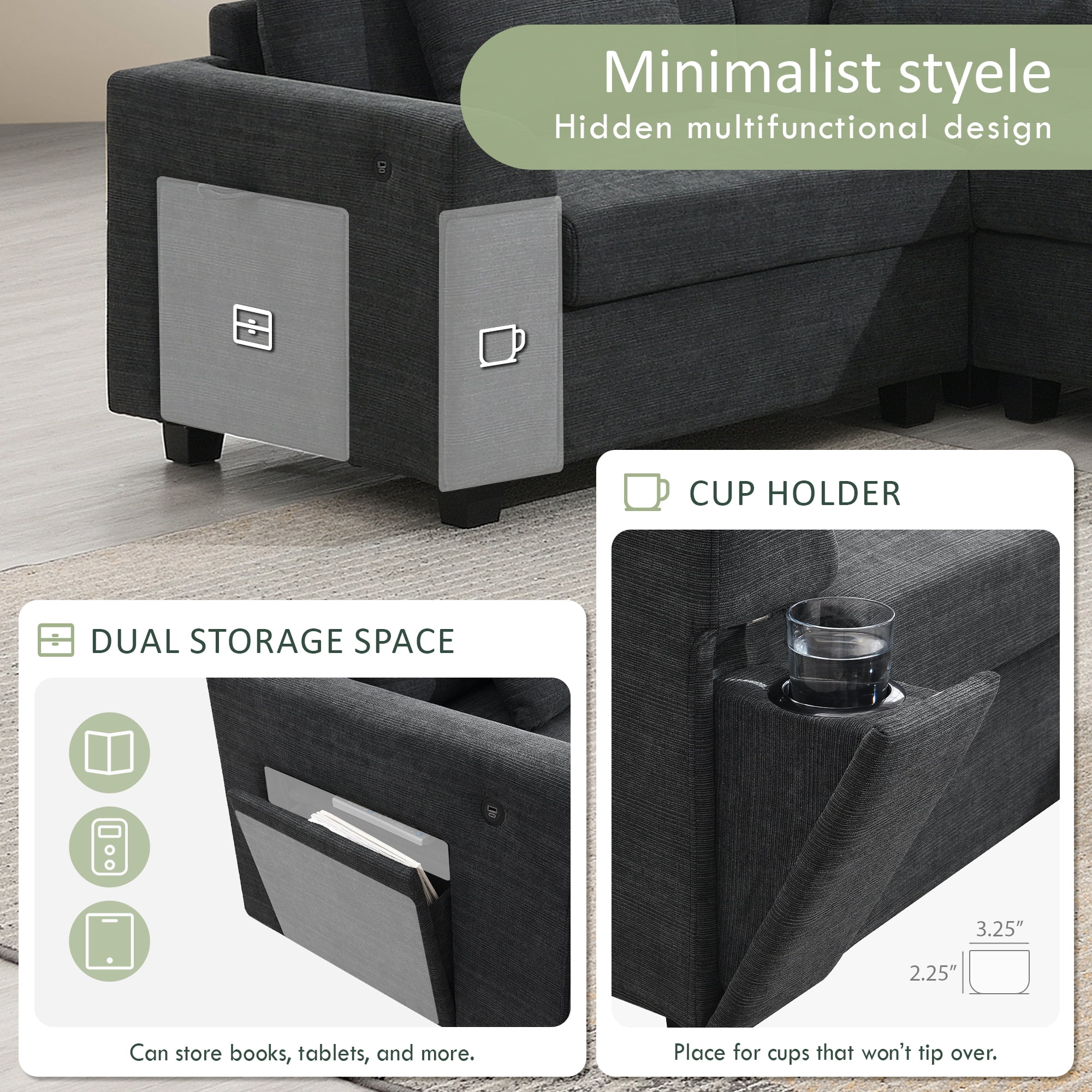 MAYEERTY 128x67" U-Shaped Sectional Sofa - 6-Seat Chenille Couch with Ottoman/Armrest Storage/Cup Holders/USB, Wide Seat for Living Room/Apartment, 2 Colors