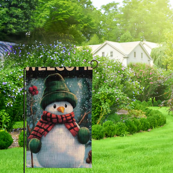 NJSTORE Home Decorative Welcome Winter Garden Flag, Merry Christmas Snowman House Yard Buffalo Plaid Check Cardinal Bird Decor, Xmas Outside Decorations Seasonal Outdoor Small Flag Double Sided