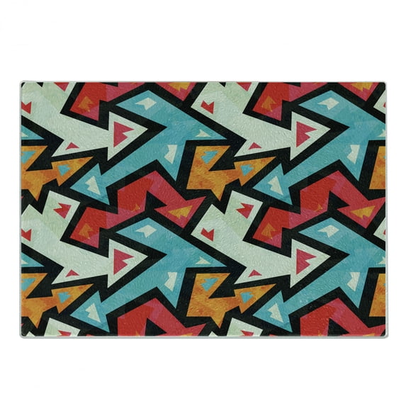 Abstract Cutting Board, Graphic Arrow Pattern with Grunge Effect Funky Psychedelic Colorful Zigzag Art, Decorative Tempered Glass Cutting and Serving Board, Small Size, Multicolor, by Ambesonne