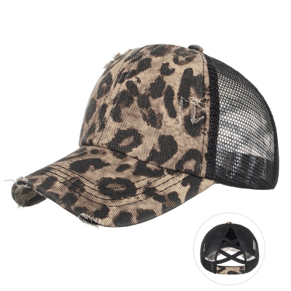 Baseball Cap Leopard Print Ponytail Hat for Women Summer Mesh Back Breathable Sports Cap Coffee
