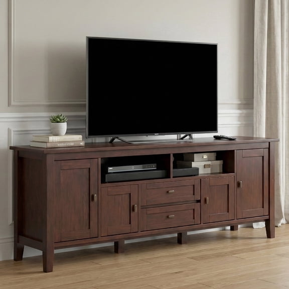 Simpli Home Warm Shaker 72W Low TV Stand with Drawers, Doors and Cubbies