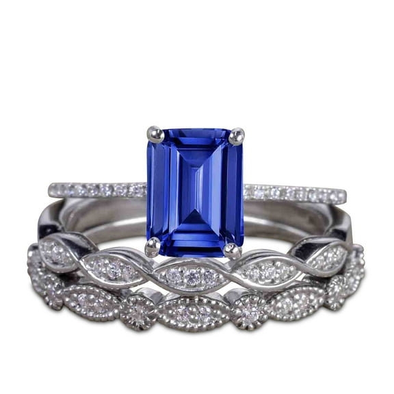 JeenMata 1.75 ct - Emerald Cut Lab Created Blue Sapphire Wedding Ring - Vintage Bridal Set - 18K White Gold over Silver