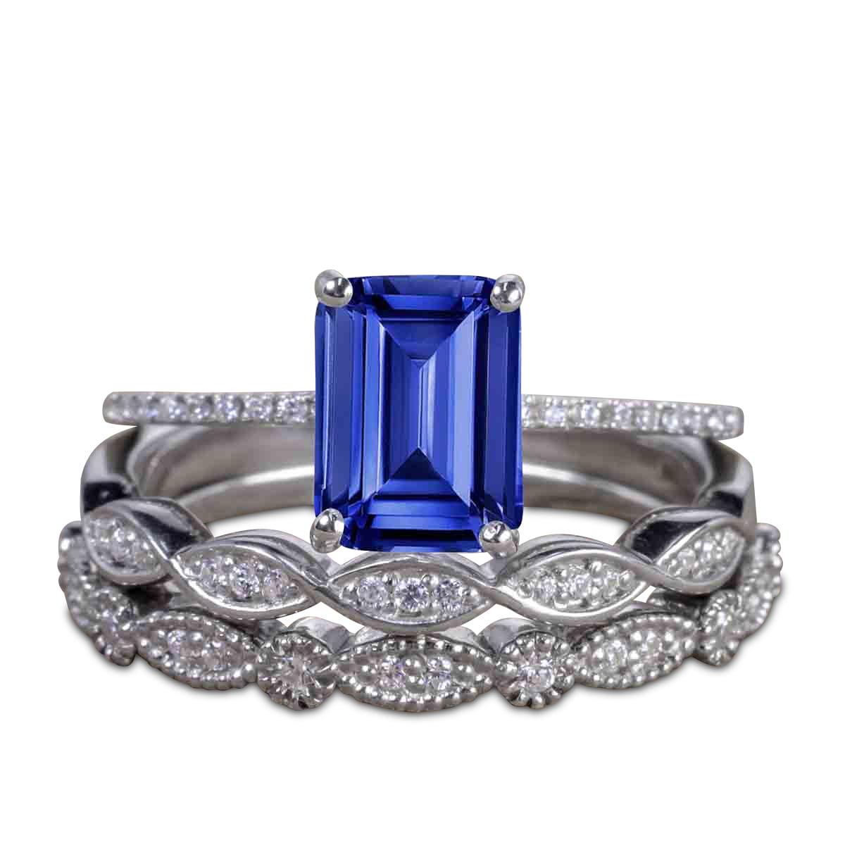 JeenMata 1.75 ct - Emerald Cut Lab Created Blue Sapphire Wedding Ring - Vintage Bridal Set - 18K White Gold over Silver