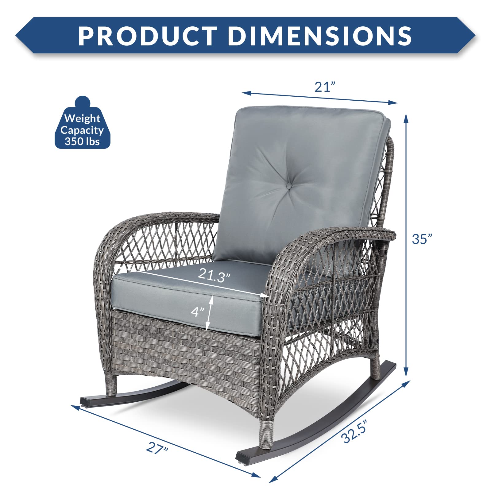 SOCIALCOMFY Outdoor Wicker Rocking Chair, Patio Rattan Rocker Chair with Steel Frame, Rocking Lawn Chair Patio Furniture, Light Brown Wicker & Grey Cushions - image 3 of 7
