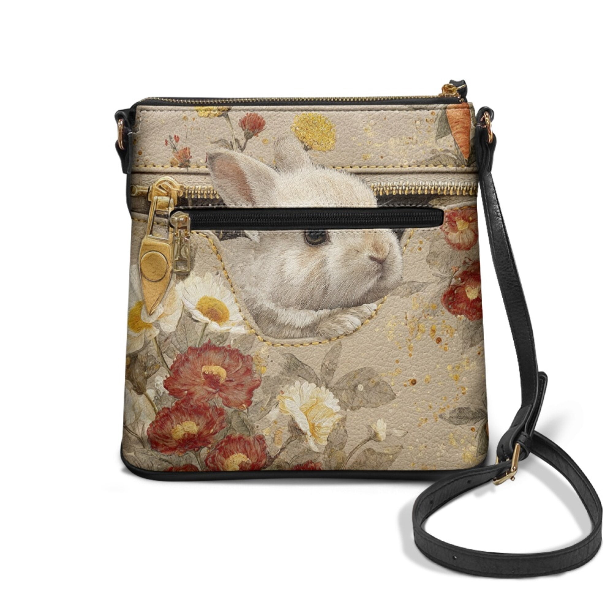 LedBack Bunny Floral Print Crossbody Purses for Women Satchel Bag Leather Hobo Bags Medium Size Shoulder Handbag Purse Messenger Bag with Adjustable Strap, Beige