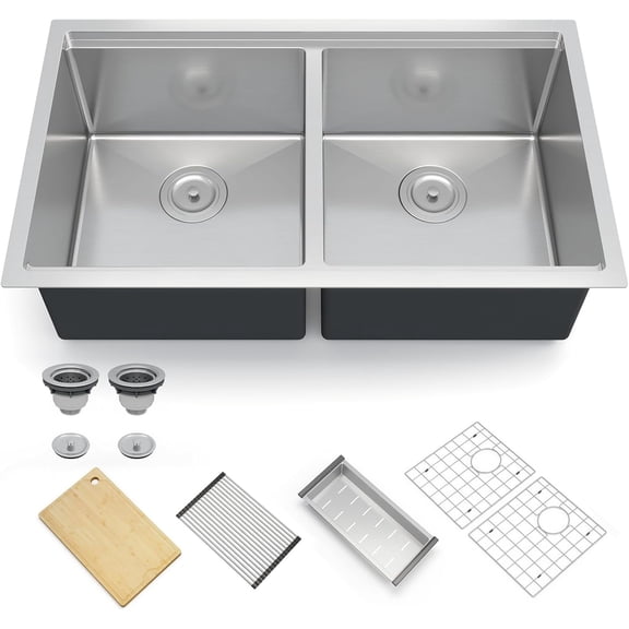 Kitchen Sink, 33 Inch Double Bowl Drop In Kitchen Sink 33x19 Inch Undermount Workstation 16 Gauge Double Bowl Stainless Steel Kitchen Sink With Integrated Ledge and Accessories (Pack of 9)