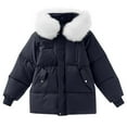 thumbnail image 1 of HTNBO Down Jackets for Women Winter Long Sleeve Zip Puffer Jacket Baggy Short Down Coats Faux Fur Splicing Hooded Coat, 1 of 3