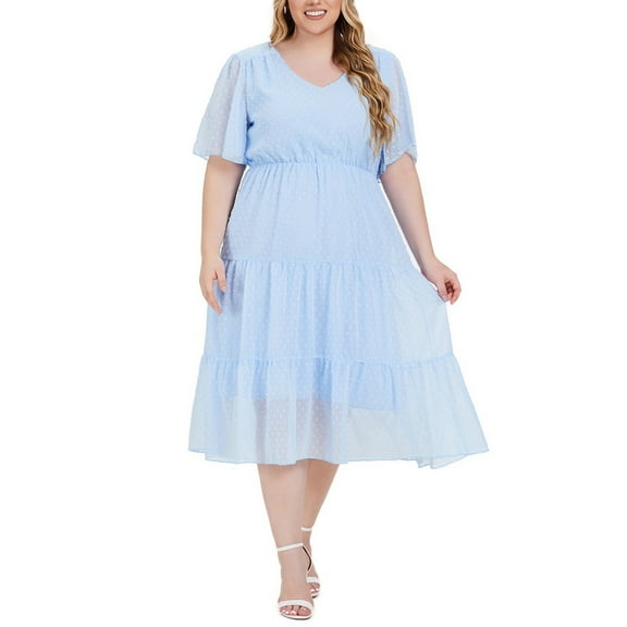 ITSAME Women's Plus Size Dress, V-Neck Solid Color Flutter Sleeve Summer Beach Swing Dresses Sky Blue 5XL