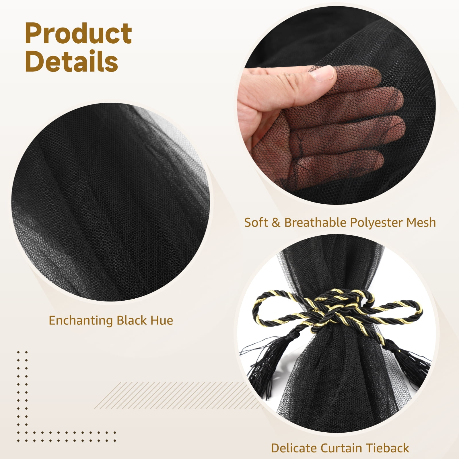 Mosquito Net for Bed, Elegant Black Bed Canopy Curtain, Four-Corner Netting with 4 Openings, Mysterious Polyester Bed Drape, Fits Full/Queen/King, 82.7 x 94.5 x 74.8"