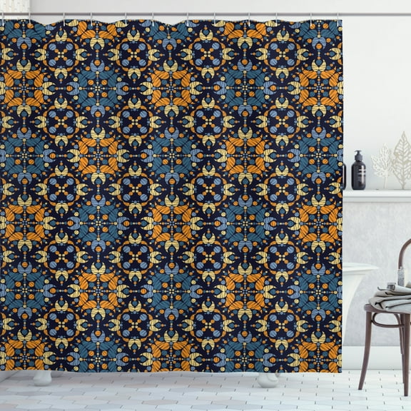 Abstract Shower Curtain, Folk Motif Repetition of Bohemian Shapes Hatched Style Art Pattern, Fabric Bathroom Set with Hooks, 69W X 84L Inches Extra Long, Indigo and Multicolor, by Ambesonne