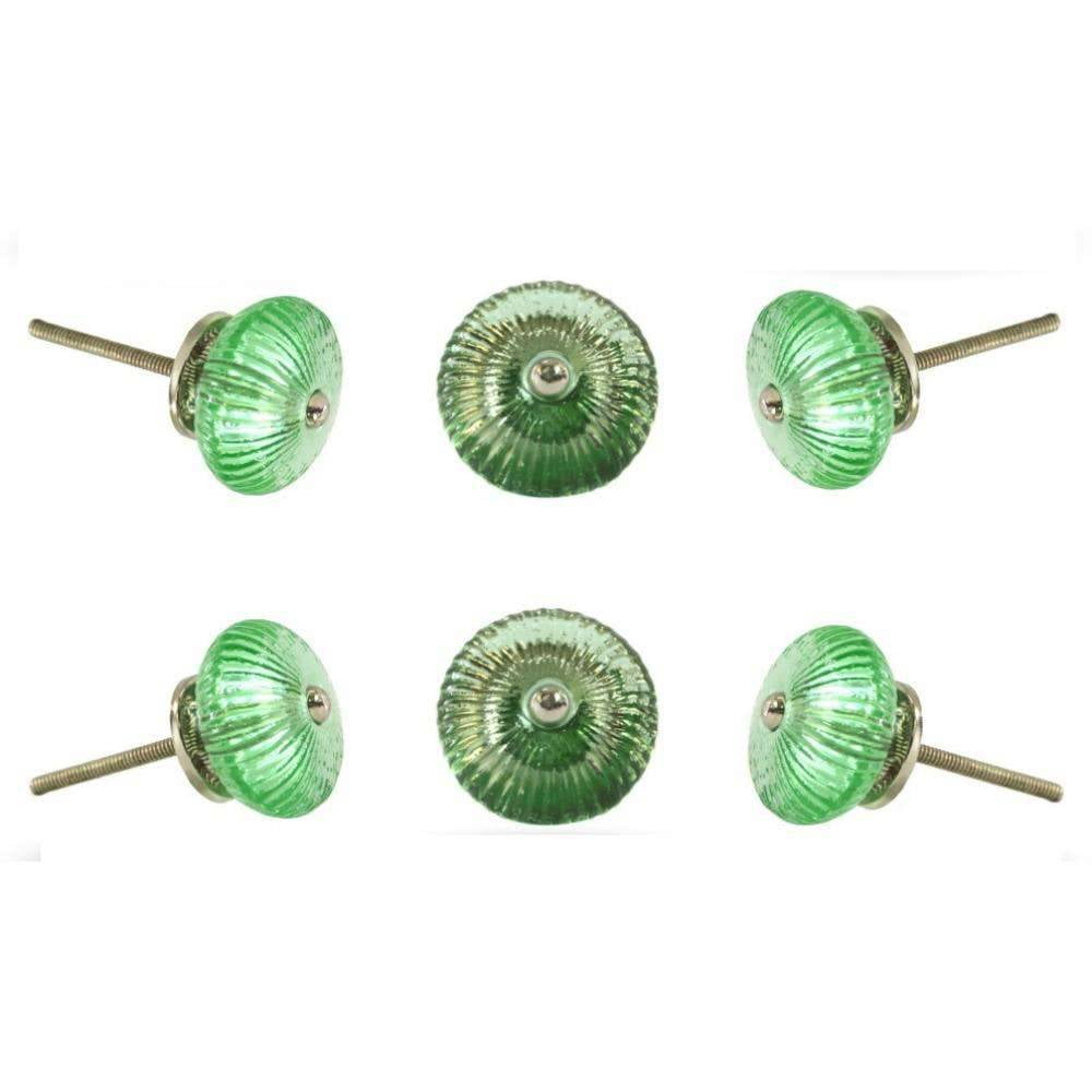 Set of Six Ribbed Round Green Glass Knobs