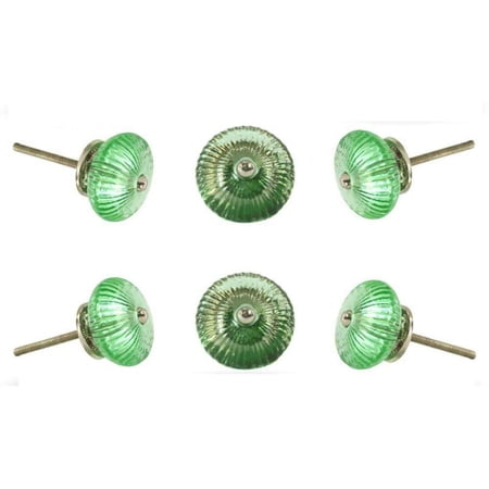 Set of Six Ribbed Round Green Glass Cabinet Knobs