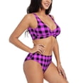 thumbnail image 2 of Kdxio Purple Black Buffalo Plaid Print Women's 2 Piece High Waisted Wrap Spaghetti Strap Summer Swimsuit Bikini Set-Medium, 2 of 7