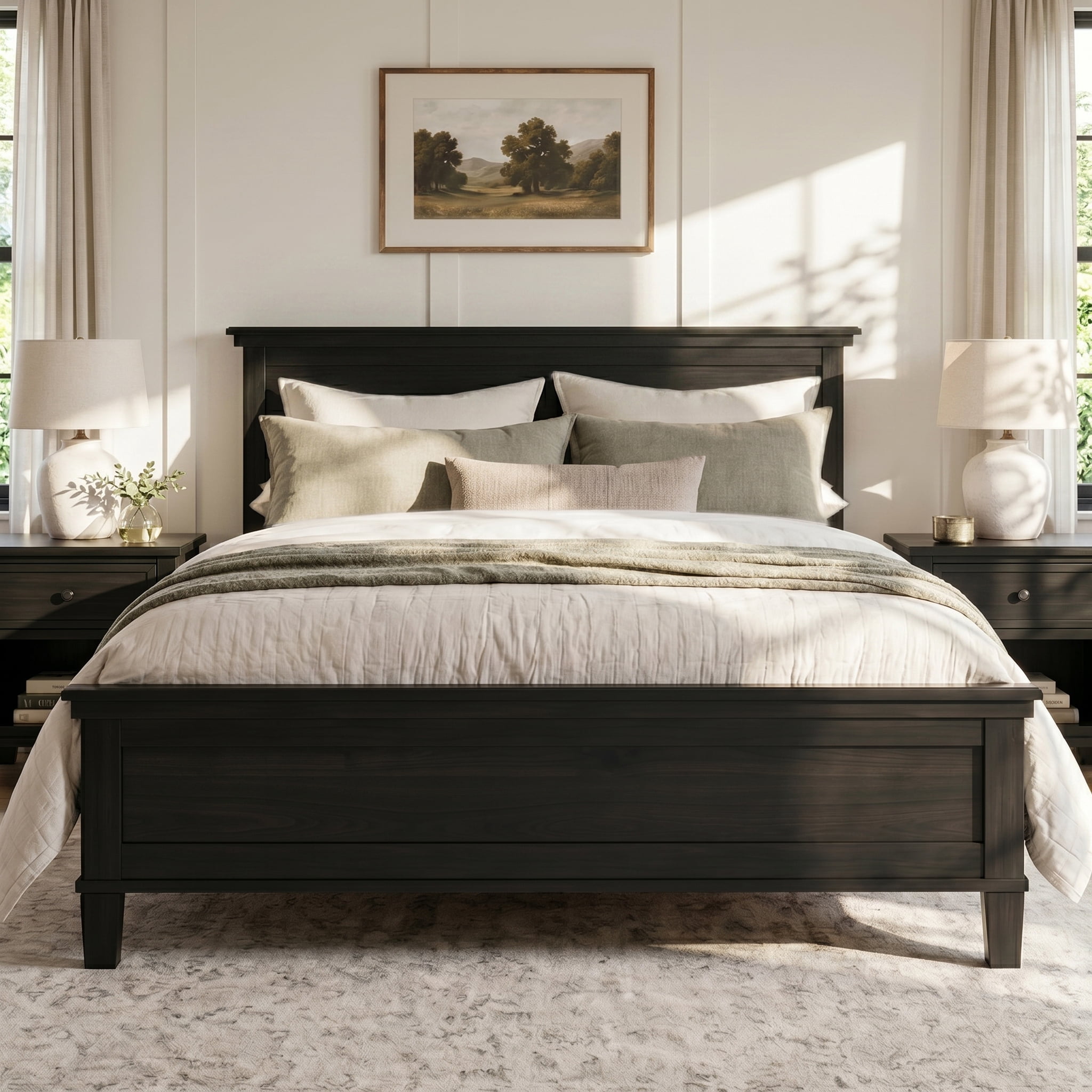 Euroco Wooden Full Size Mid-Century Platform Bed, Charcoal Black