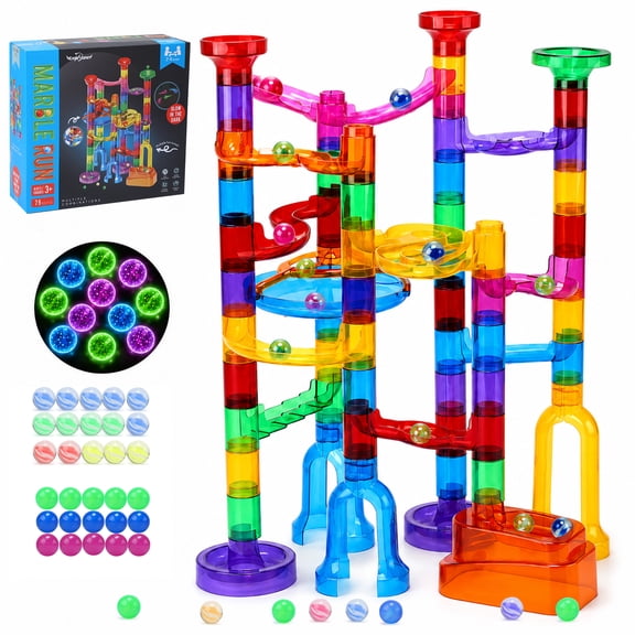 Lenbar 15 Glow in the Dark Glass Marbles Transparent Marble Run Construction Maze Toy, STEM Building Set for Kids Ages 3-12