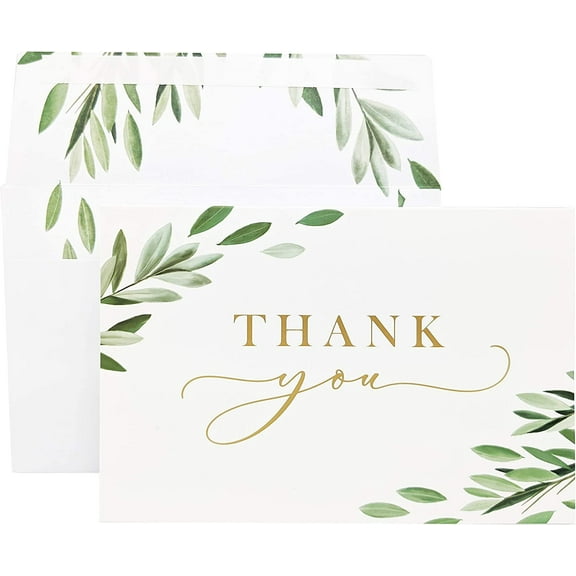 Gooji 4x6 Greenery Leaves Gold Foil Thank You Cards (Bulk 20-Pack) Matching Peel-and-Seal White Envelopes | Assorted Set