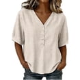 thumbnail image 2 of ClodeEU Women's Linen Blend V Neck Short Sleeve Blouse, Casual Solid Color Loose Fit Summer Shirt White,Women's Plus XXL, 2 of 8