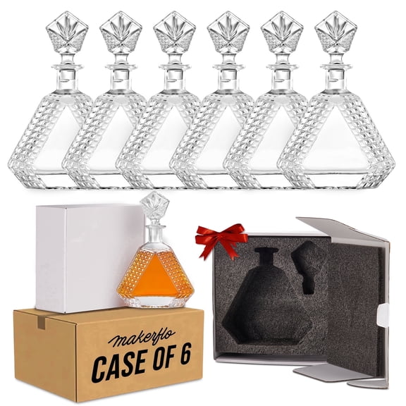 MakerFlo 650mL (22oz) Triangle Whiskey Decanter Case of 6 with Crown Glass Stopper, Liquor Decanter Bottle for Bourbon, Scotch & Bar Cart Display, Laser Engraving & UV DTF Blank, Individually Boxed