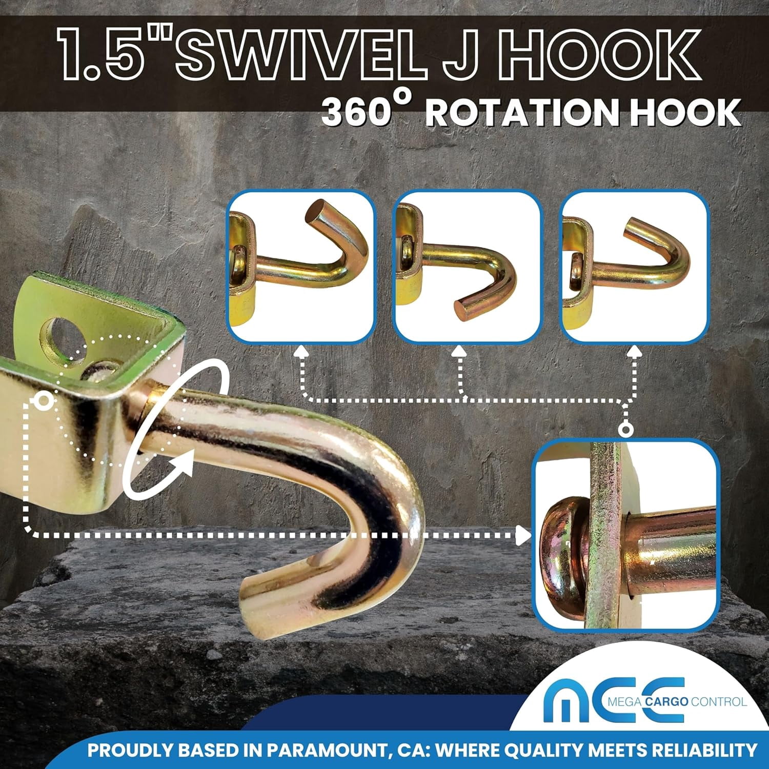 Mega Cargo Control Swivel J Hook for 2" Ratchet Buckle Car Hauler Trailer Tow Truck Tie Down, 4 pack