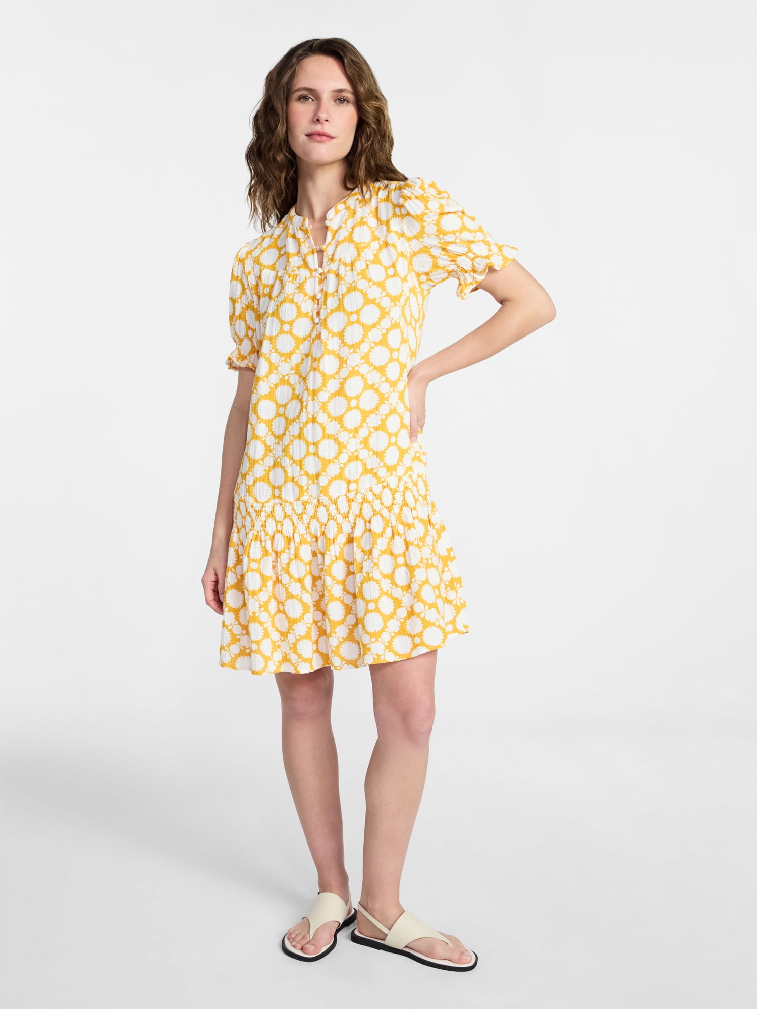 Time and Tru Women's Cotton Double Cloth Drop Waist Mini Dress with Puff Sleeves, Sizes XS-XXXL