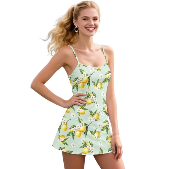 Psesaysky Lemon Floral Print Golf Dress for Women Sleeveless Tennis Dresses with Shorts and Pockets Spaghetti Strap Tropical Workout Athletic Dresses, Size S
