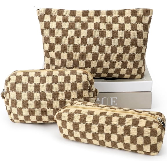 3 Pcs Makeup Bag Cosmetic Bag Set for Girls Women Checkered Travel Organizer Bathroom Toiletry Pouch Large Capacity Storage Bag (Brown)