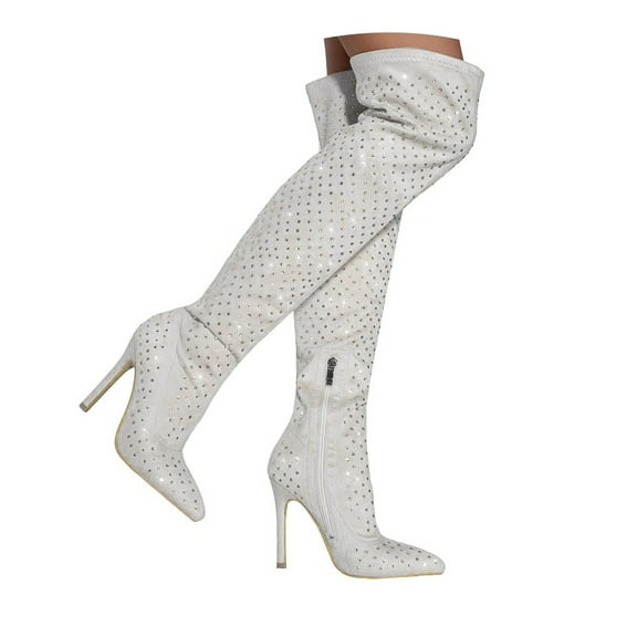 Dakaela Women's Glitter Stiletto Heels Pointed Toe Over the Knee Thigh High Boots Wide Calf Long Boot