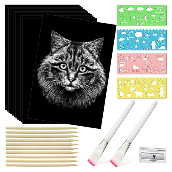 37 Pcs Scratch Paper Art Set Kids Adults Scratchboard Craft Kits Black Coated Wooden Styluses and Stencils