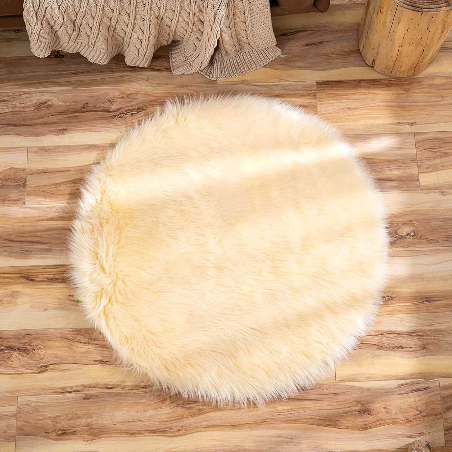 Sanmadrola Shag Area Rug, 3x3 Round Beige Yellow Indoor Ultra Soft Plush Rugs for Living Room, Non-Skid Modern Nursery Faux Fur Rugs for Kids Room Home Decor