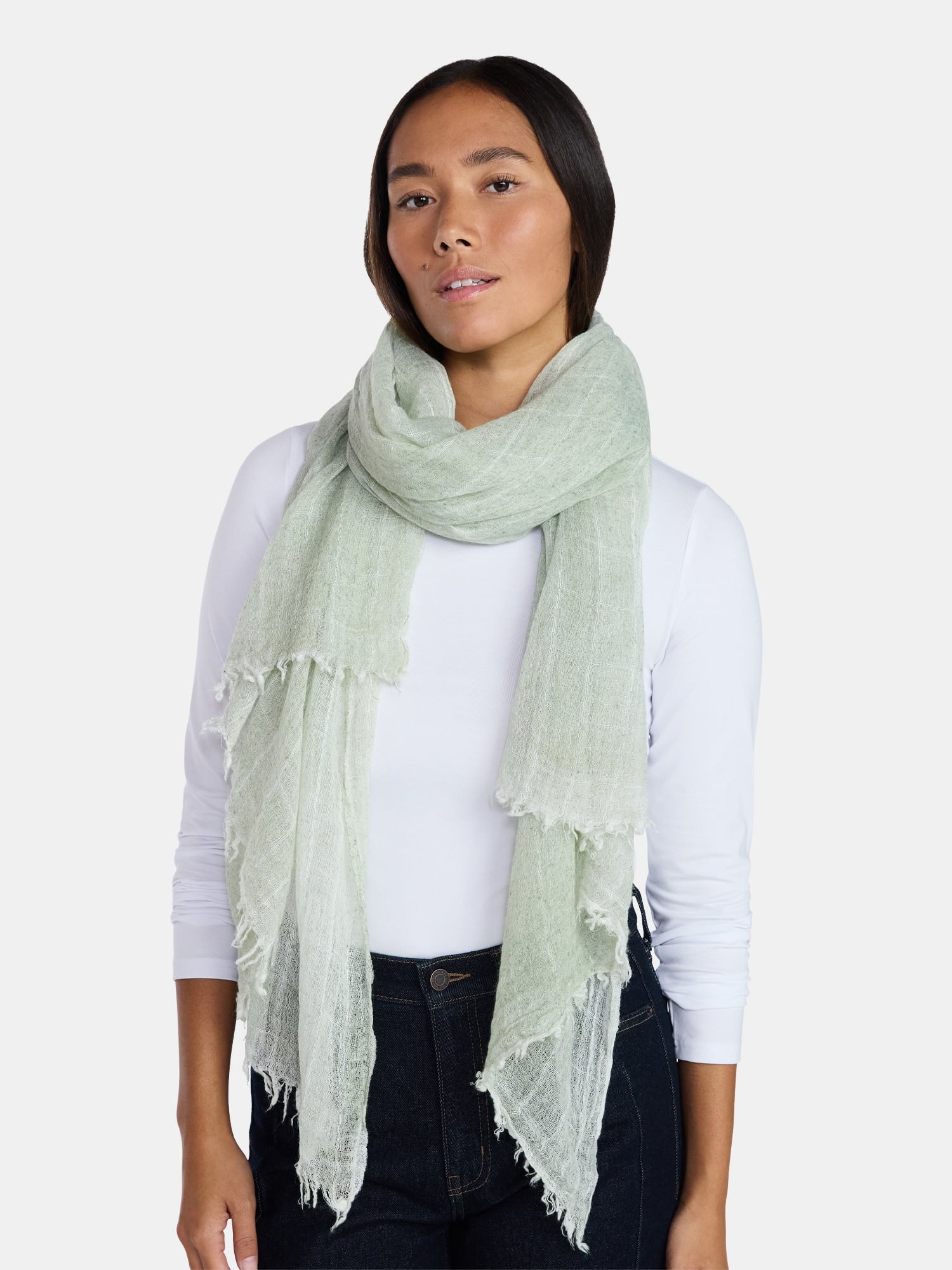 Time and Tru Women's Splatter Print Crinkle Scarf, Sage, Featuring Elegant Fringe Edges
